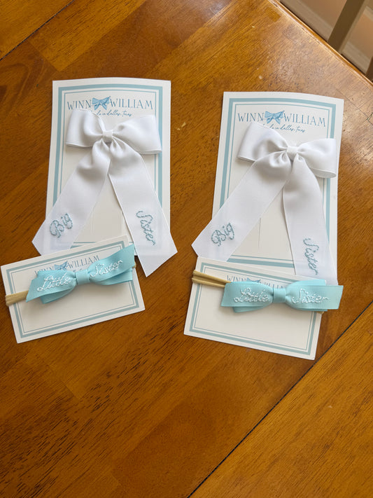 Little Sister blue hand-embroidered headband bow 🩵